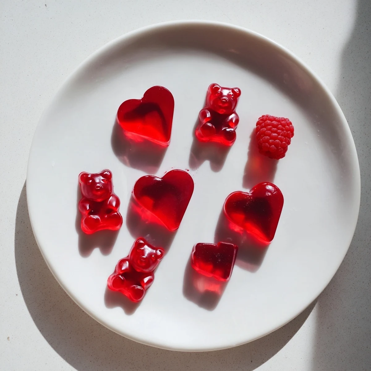Close up of vibrant red homemade raspberry gummy snacks glistening under natural light