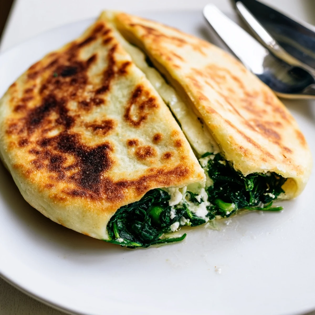 Savory Turkish gozleme filled with wilted spinach and crumbled feta cheese, sliced for serving
