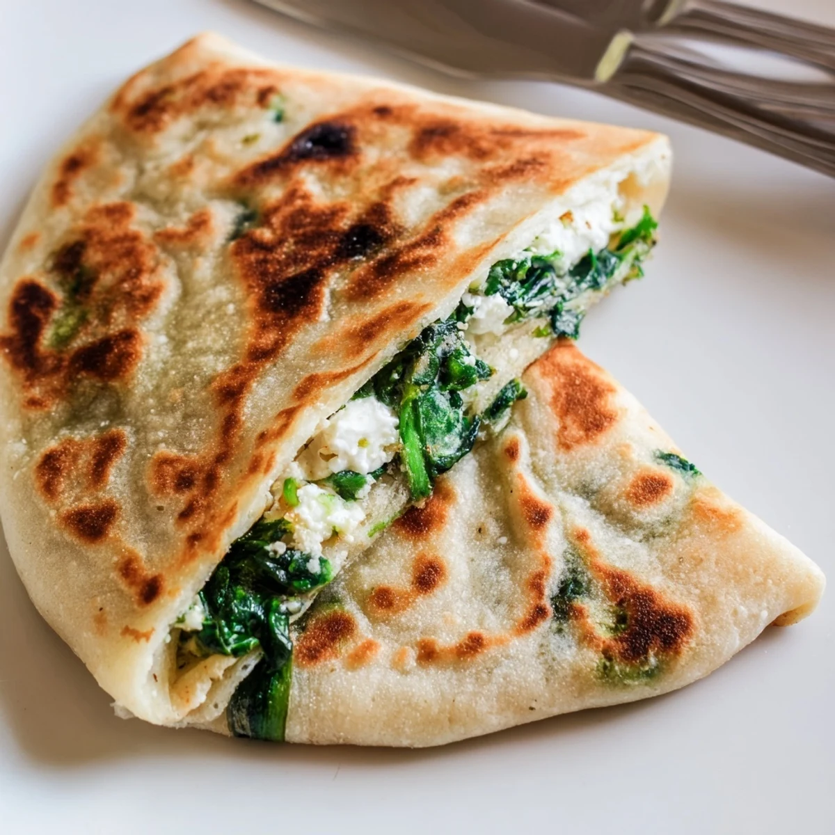 Turkish spinach feta gozleme flatbread pan-fried to crispy golden perfection