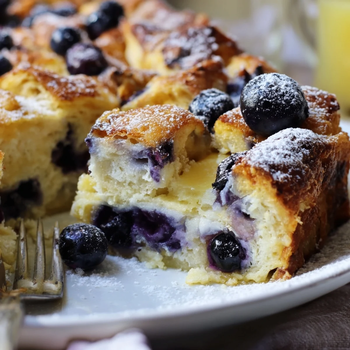 Golden blueberry cream cheese croissant casserole with juicy berries bubbling through buttery layers