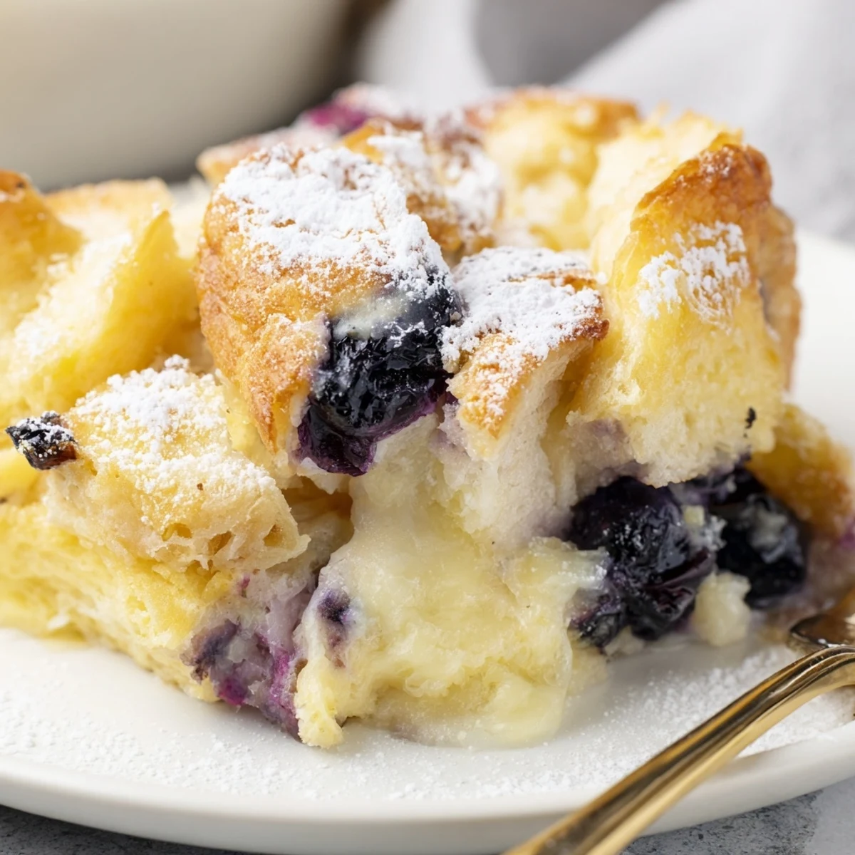Baked blueberry cream cheese croissant casserole dusted with powdered sugar on a white plate