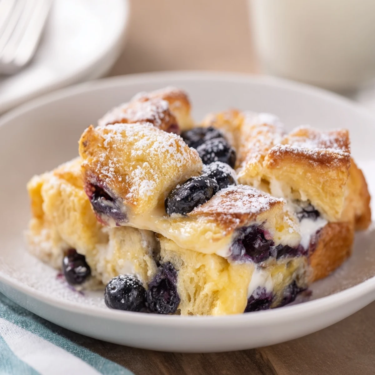Overhead view of blueberry cream cheese croissant casserole served warm with maple syrup drizzle