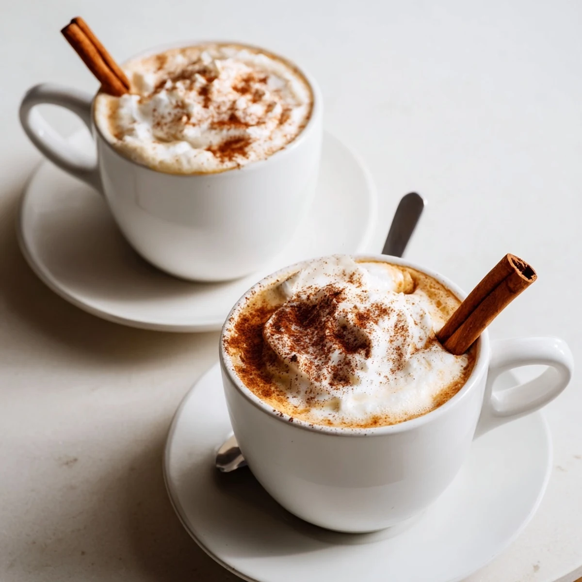 Close-up of Cozy Winter Lattes being poured with frothy spiced milk