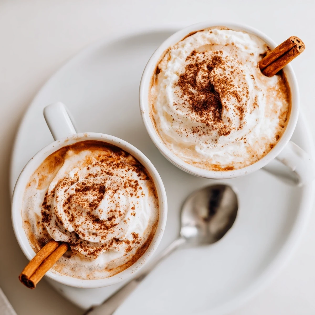 Warm Cozy Winter Lattes garnished with cinnamon sticks, perfect beside gingerbread cookie