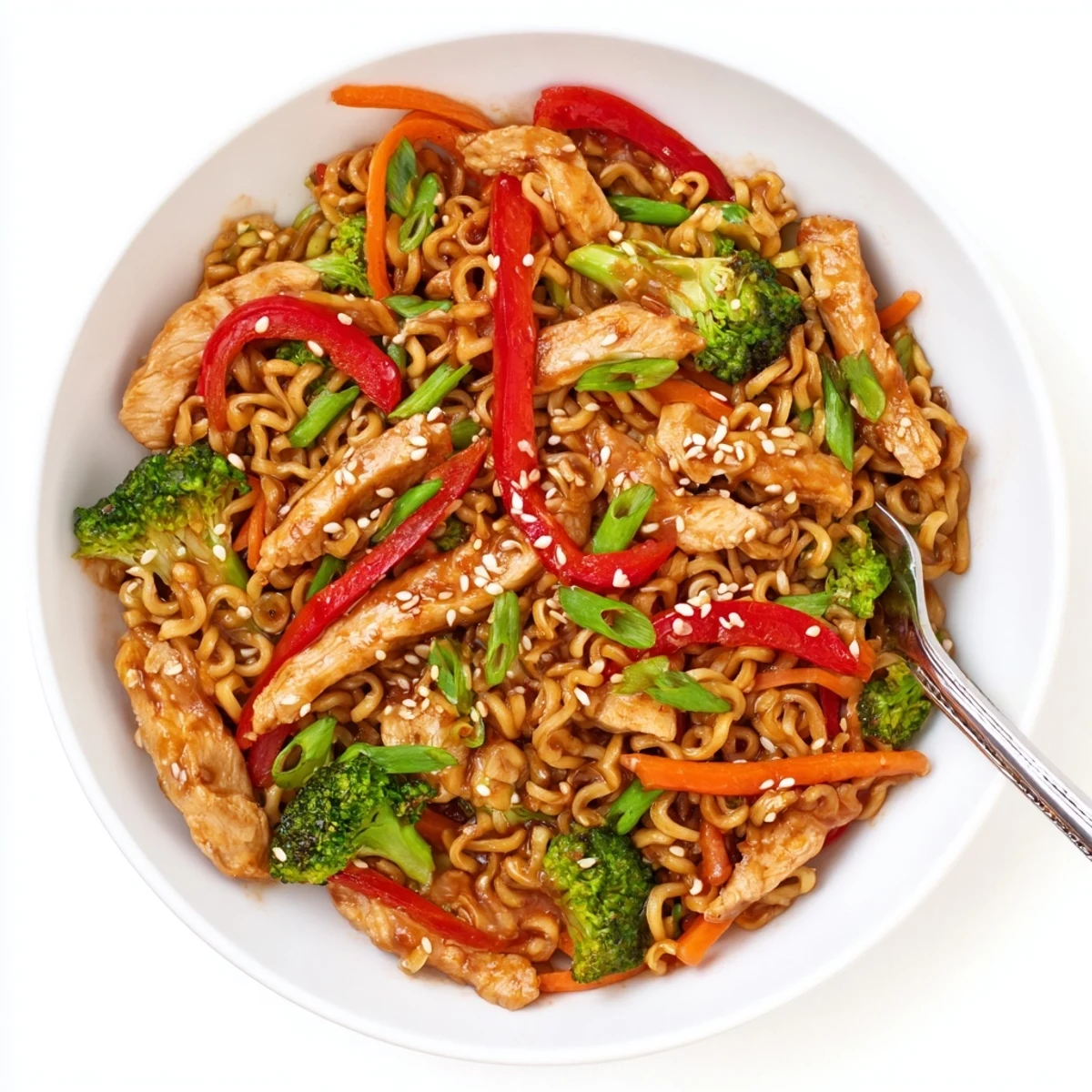 Chicken Ramen Stir Fry sizzling in a wok with glossy sesame sauce