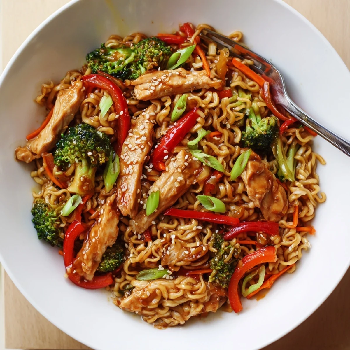 Bright Chicken Ramen Stir Fry tossed with crisp broccoli and crunchy carrots