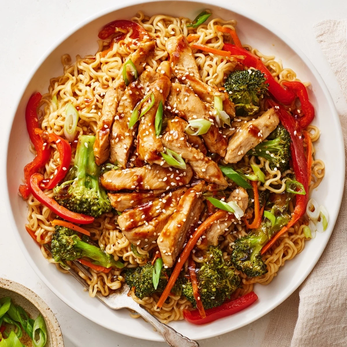 Serve steaming Chicken Ramen Stir Fry topped with toasted sesame seeds, scallions