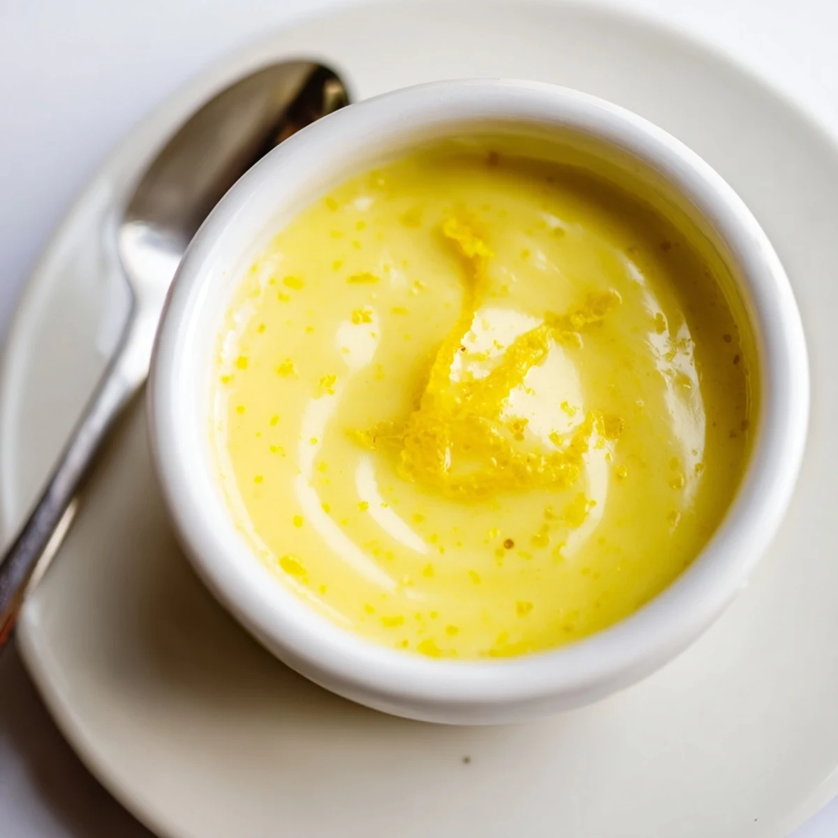 Jar of Homemade Lemon Curd cooling in bowl, bright lemon aroma