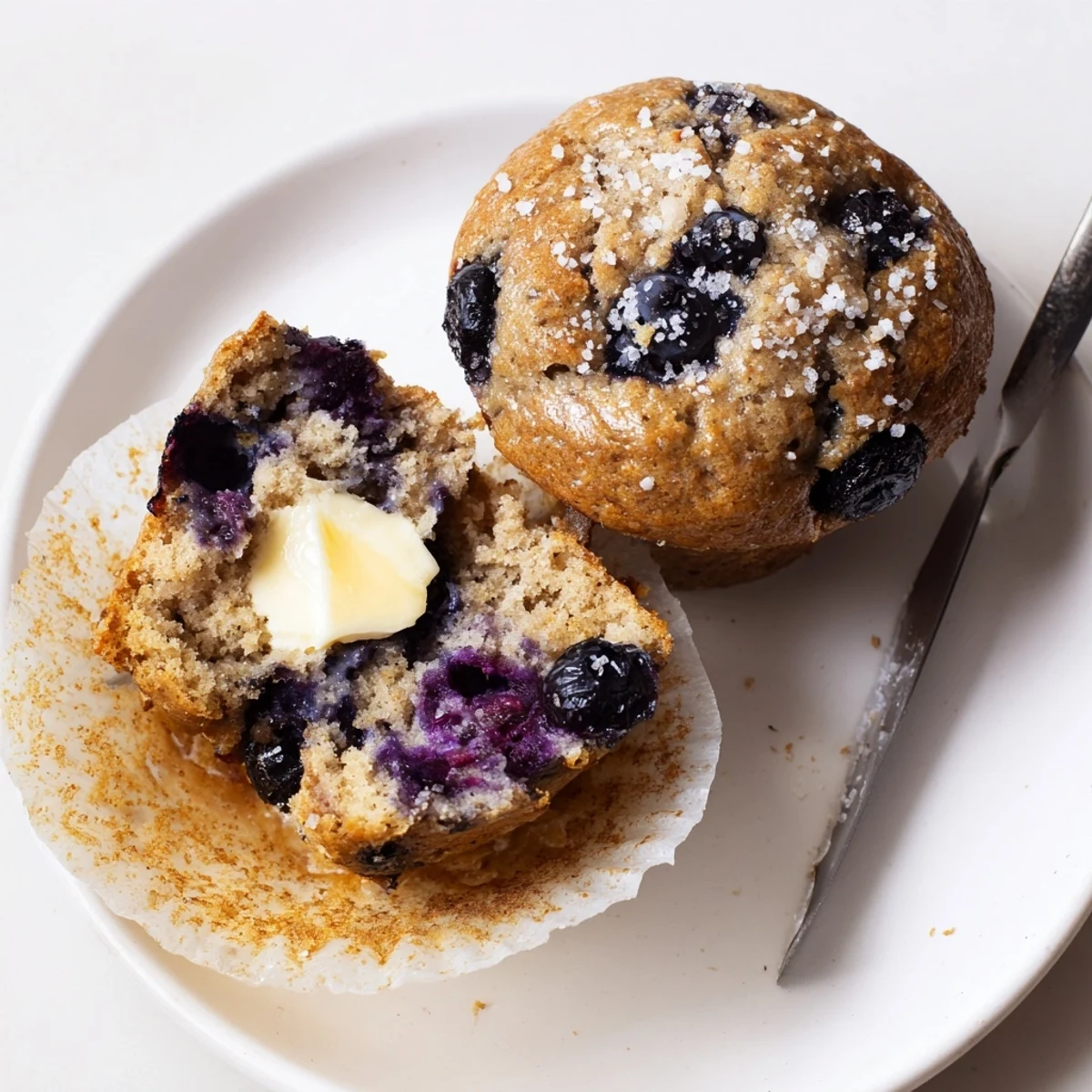 Blueberry Banana Muffins steaming on a wire rack, golden tops and berries