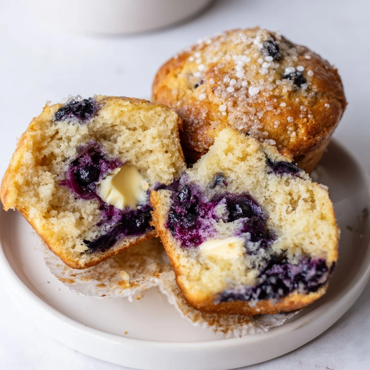 Warm Blueberry Banana Muffins with melted butter, soft crumb and burst blueberries