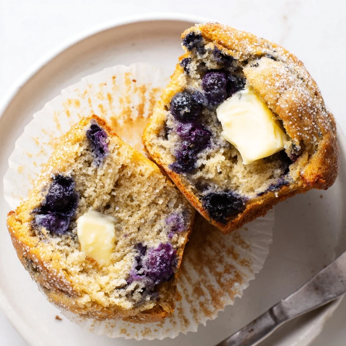 Fresh Blueberry Banana Muffins served for breakfast, cinnamon scent and coarse sugar