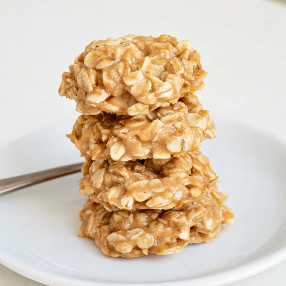 Stacked Peanut Butter No Bake Cookies with oats visible, tender rustic edges