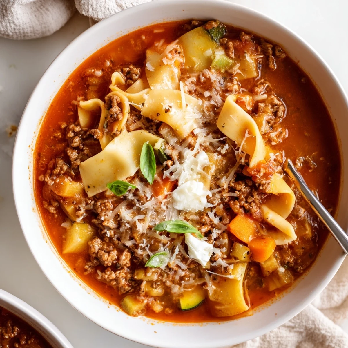 Hearty One Pot Lasagna Soup with tender pasta, browned beef, and melted mozzarella