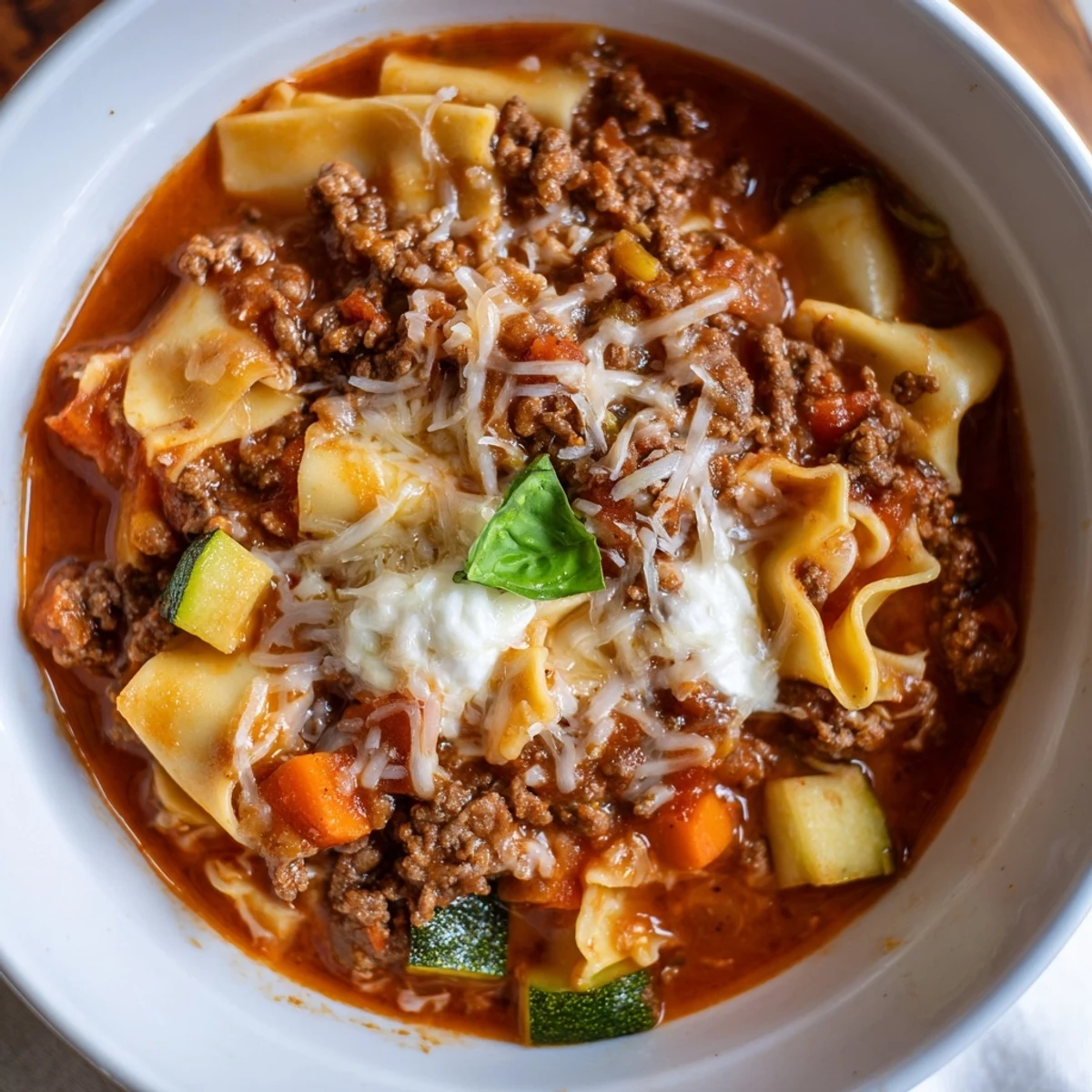 Steaming bowl of One Pot Lasagna Soup topped with creamy ricotta and basil