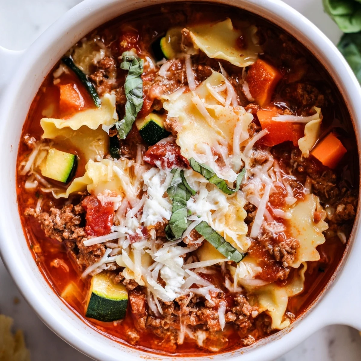 One Pot Lasagna Soup ladled into bowls beside crusty garlic bread and parsley