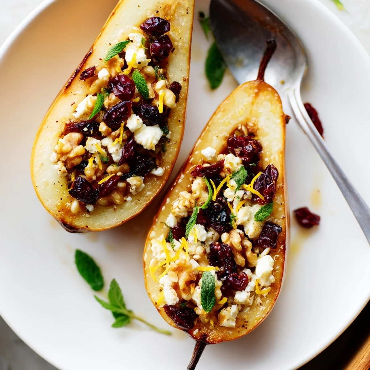 Baked Pears With Feta Honey Cranberries, warm and caramelized, drizzled with honey.