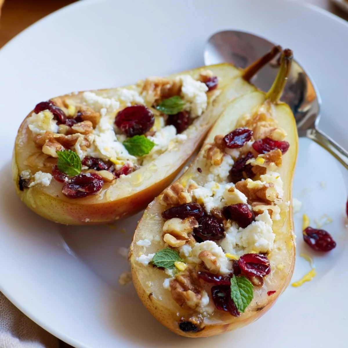 Baked Pears With Feta Honey Cranberries nestled in dish, sprinkled with walnuts.