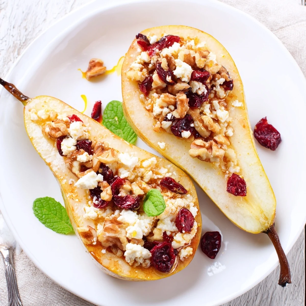 Baked Pears With Feta Honey Cranberries, creamy feta filling, tart cranberries, lemon zest.