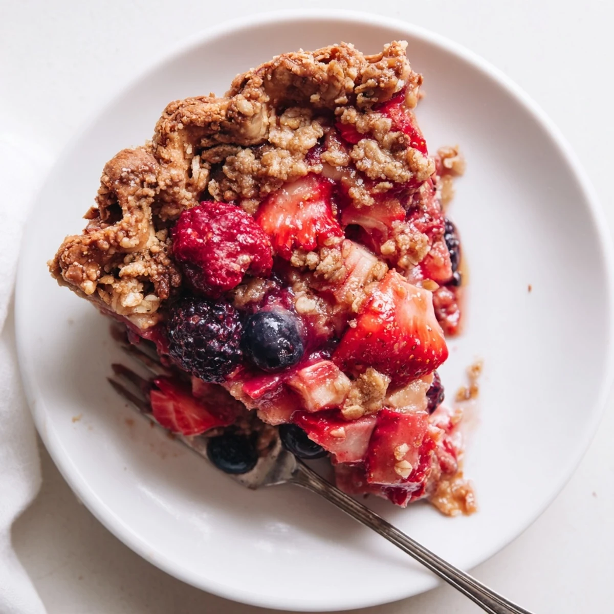 Golden crumble-topped sweet berry rhubarb dream pie sliced on white serving plate