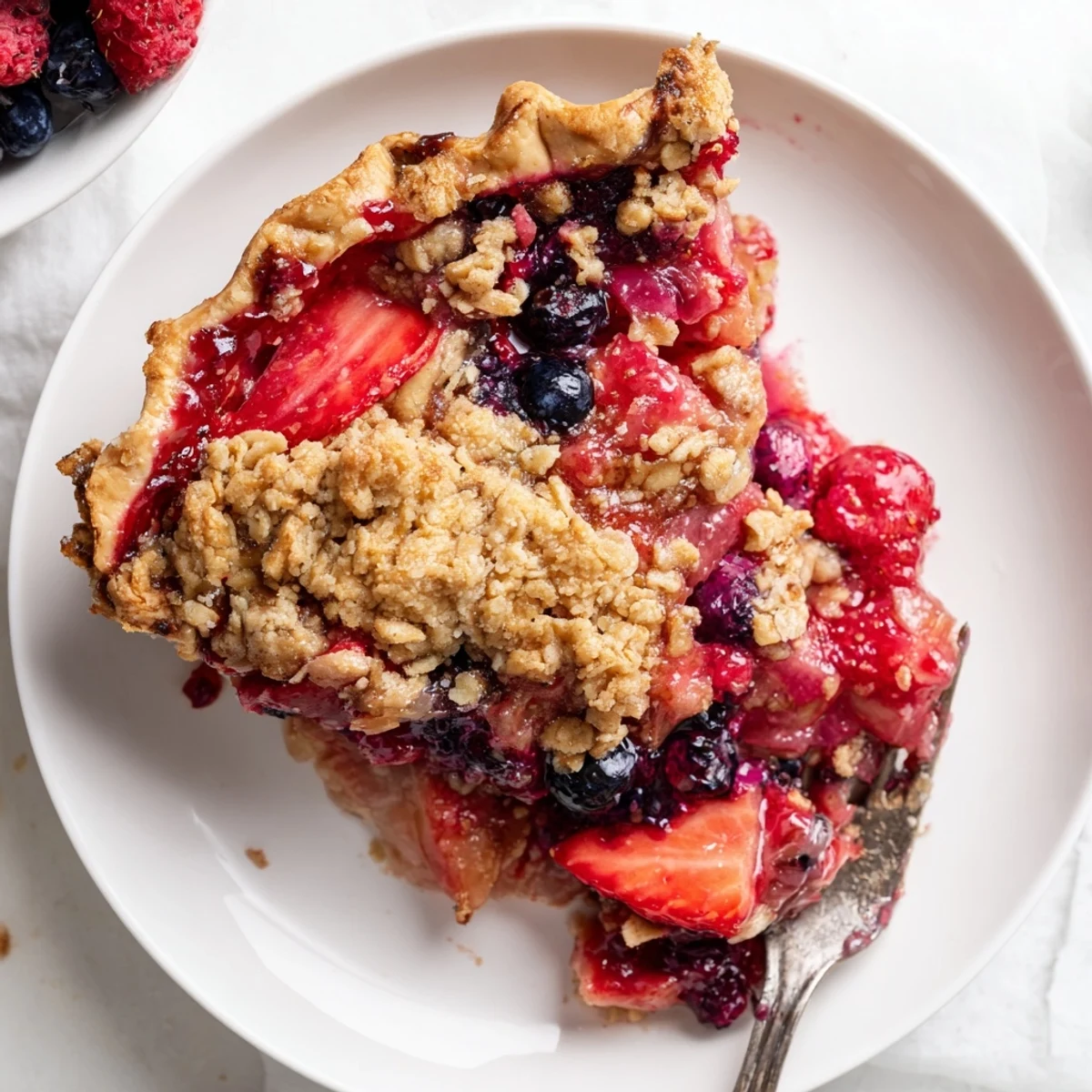 Whole sweet berry rhubarb dream pie cooling on wire rack with golden brown crumble