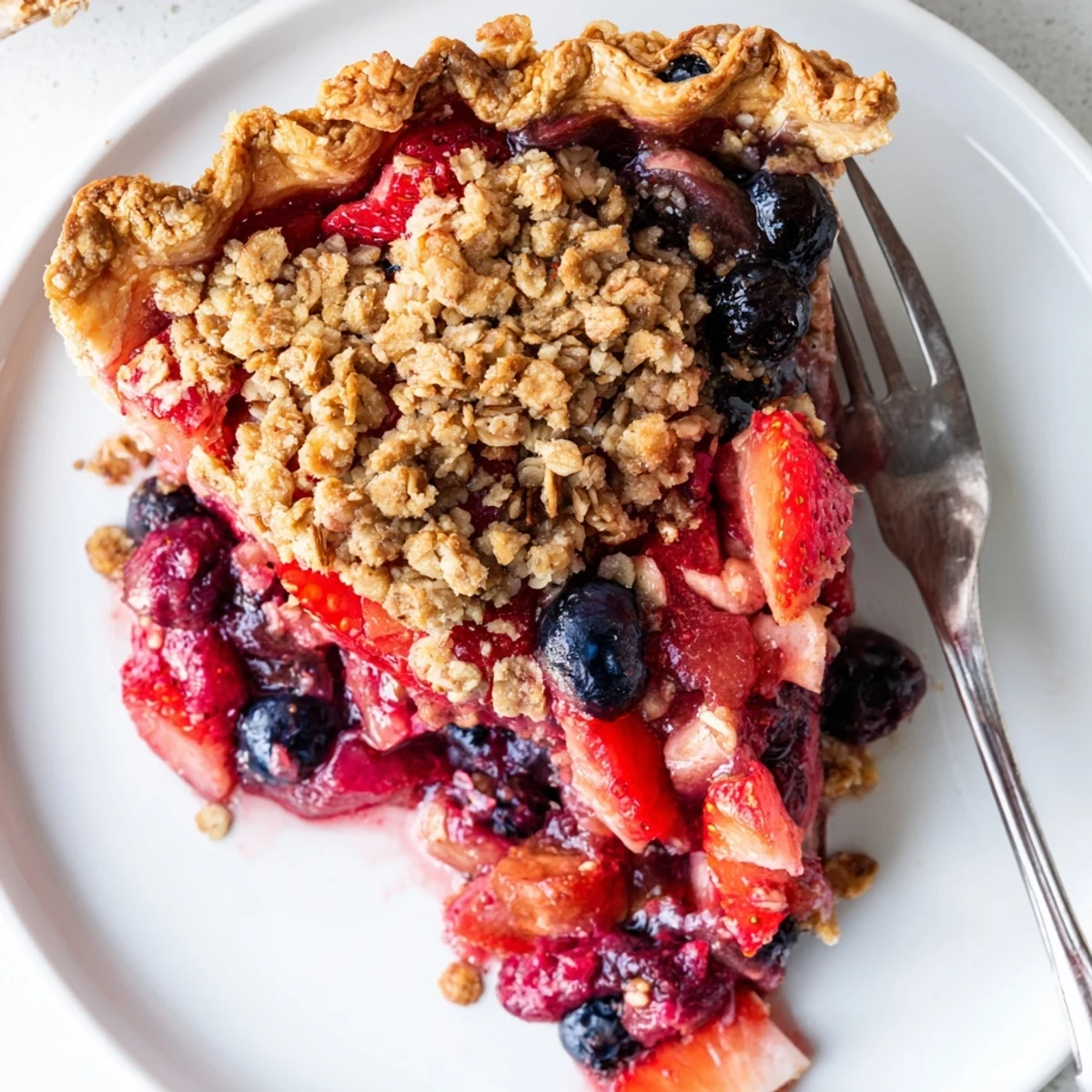 Fresh baked sweet berry rhubarb dream pie with bubbling fruit filling and oat topping