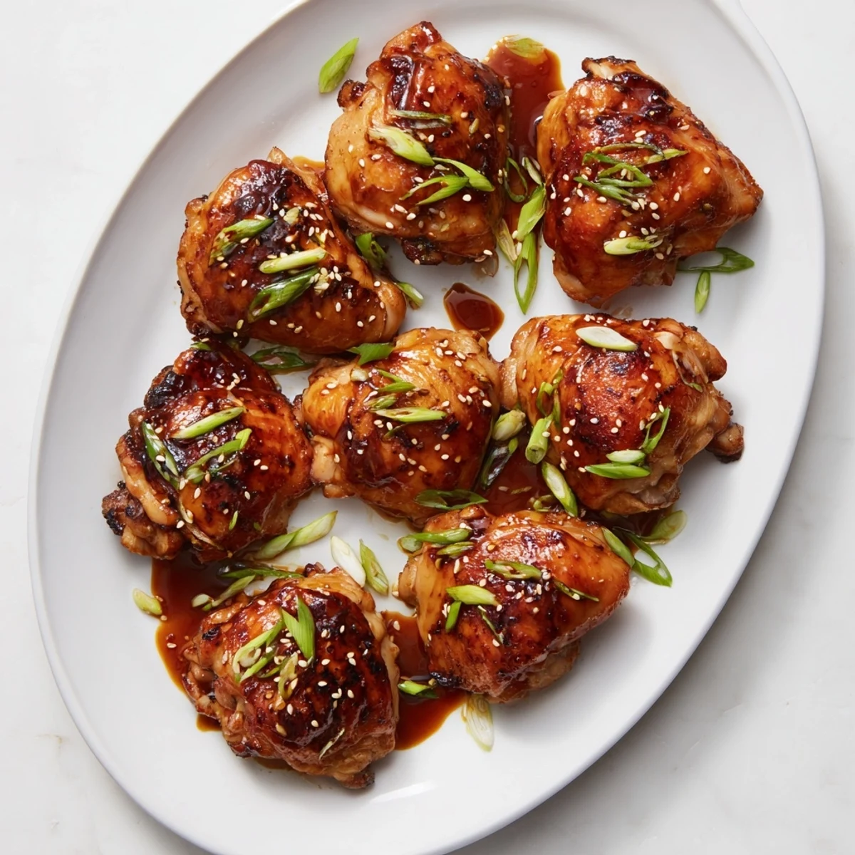 Golden bone-in teriyaki chicken thighs glazed with sticky sweet sauce and sesame seeds