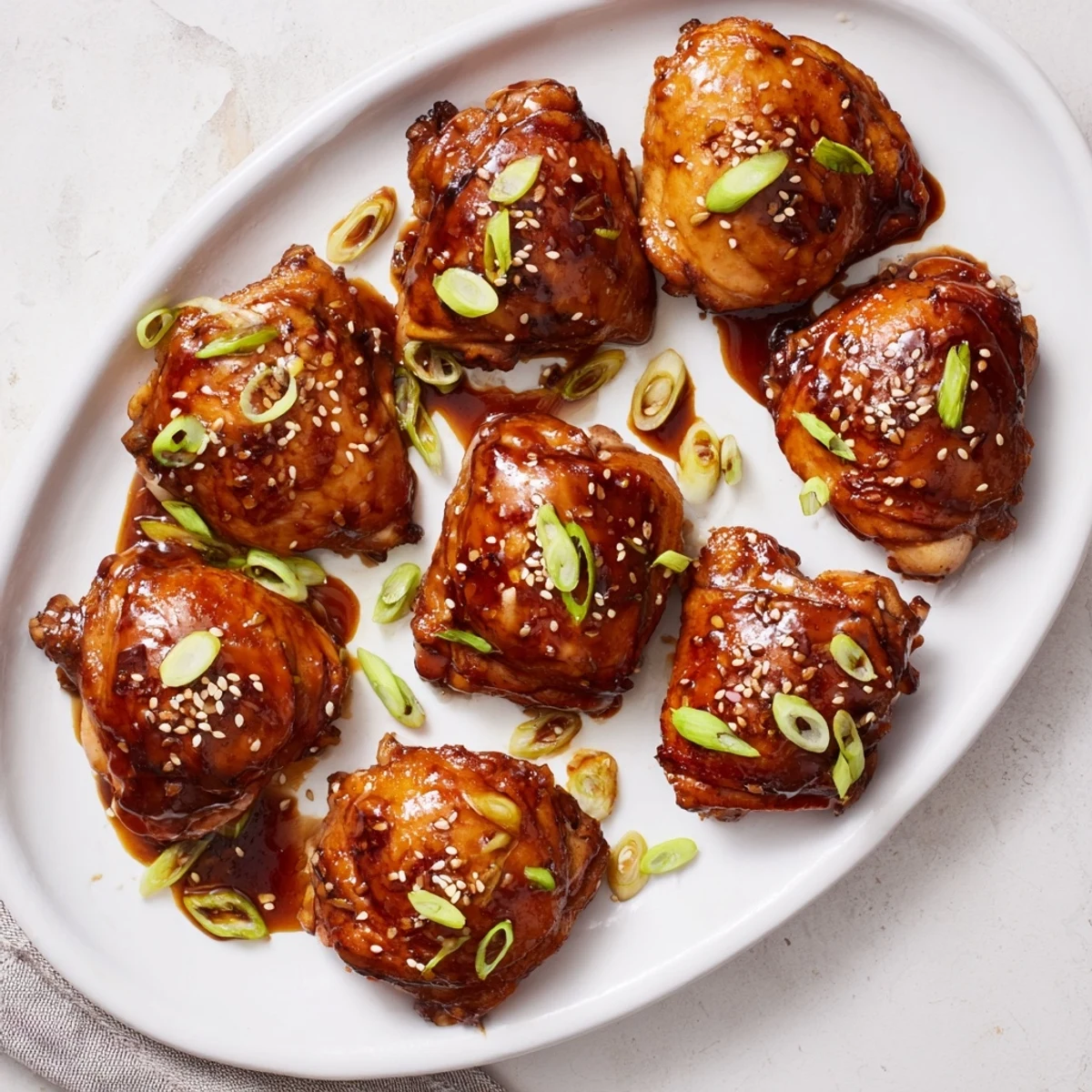 Juicy oven-roasted chicken thighs in savory teriyaki sauce garnished with sliced green onions