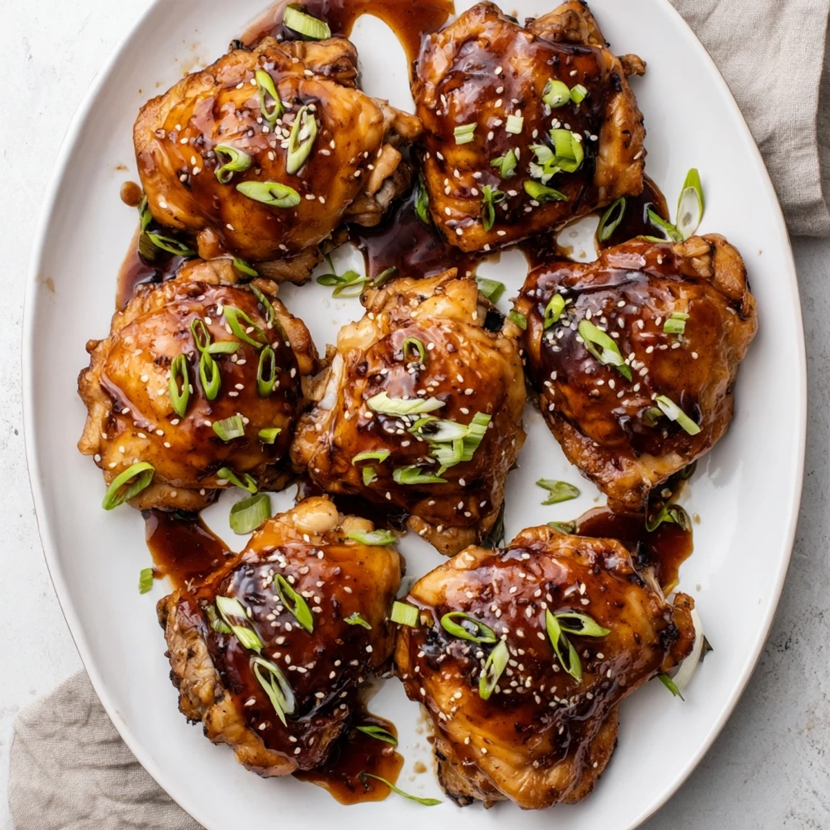 Crispy-skinned chicken thighs on bone brushed with glossy homemade teriyaki glaze for dinner