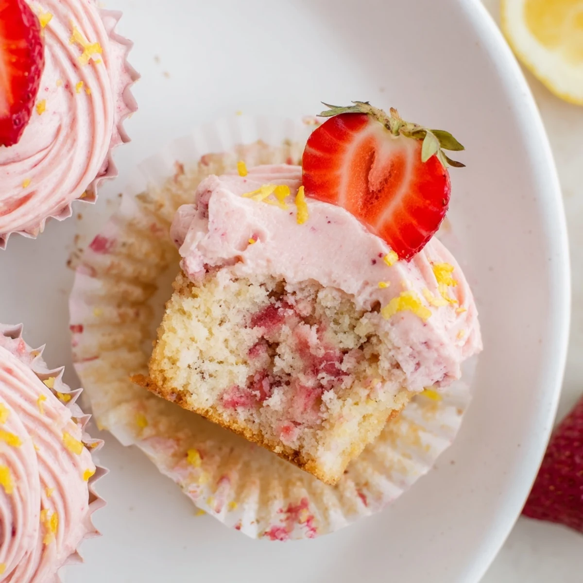 Fluffy Strawberry Lemonade Cupcakes with swirled creamy frosting and lemon zest garnish for spring desserts