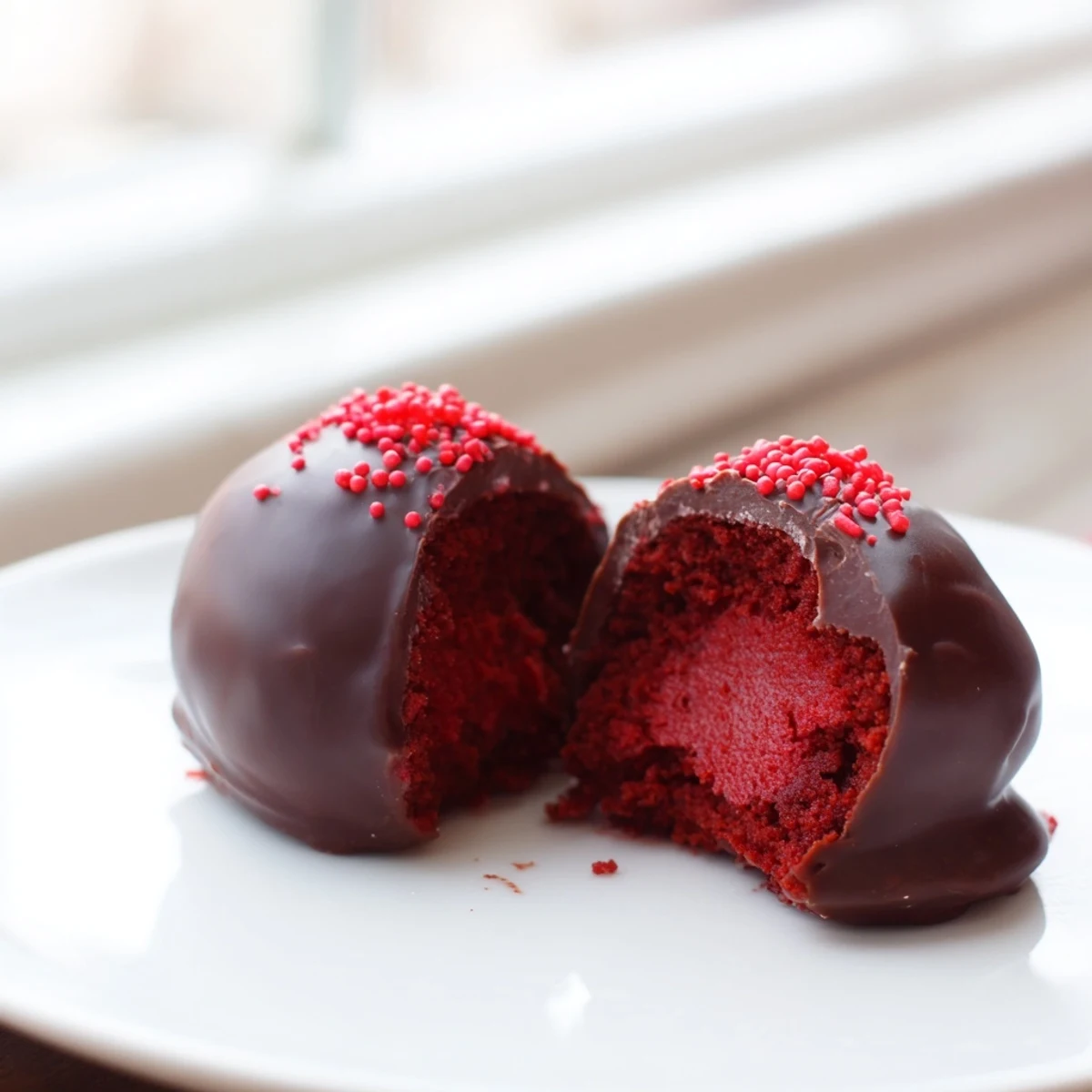 Bite-sized red velvet cheesecake balls dipped in smooth chocolate and topped with colorful sprinkles