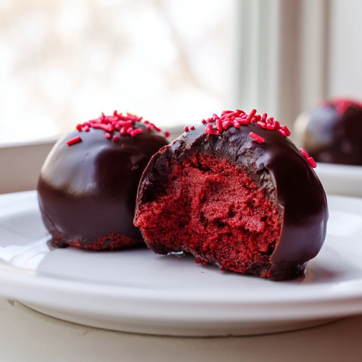 Homemade red velvet cheesecake balls arranged on a white serving plate ready for parties