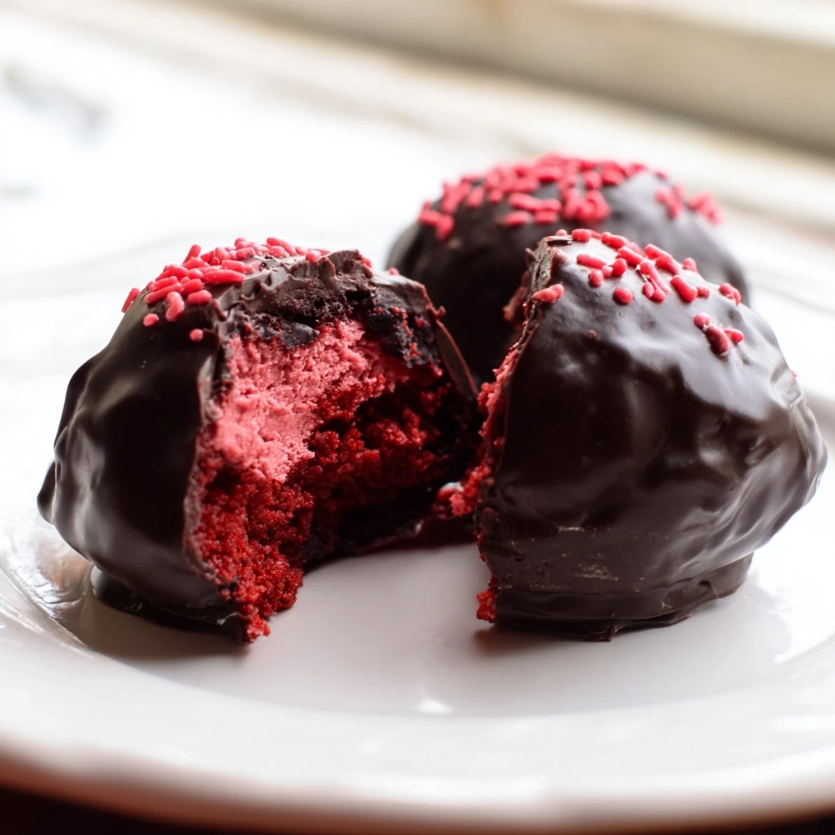 Decadent red velvet cheesecake truffles with creamy center and crunchy chocolate coating on display