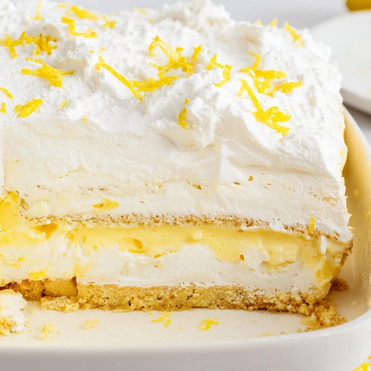 Lush lemon dessert cake slice showing three distinct creamy yellow and white layers