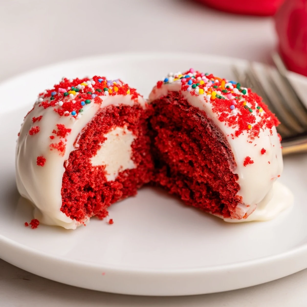 Trio of Red Velvet Cheesecake Balls on parchment, creamy interior peeking