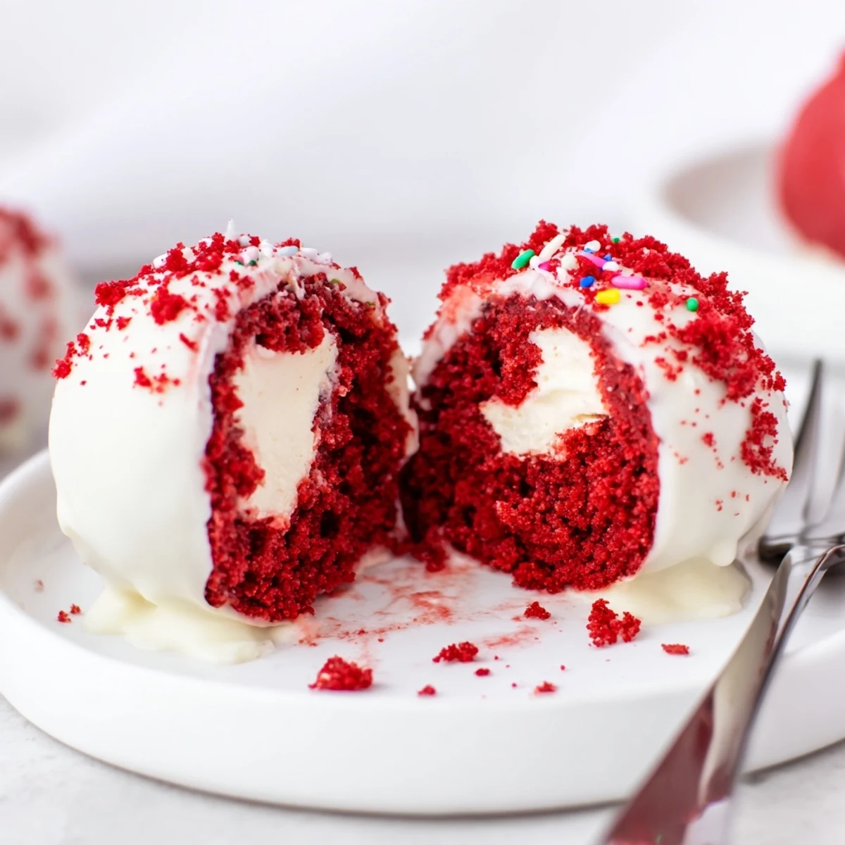 Red Velvet Cheesecake Balls dusted with crumbs, glossy chocolate coating, bite-sized