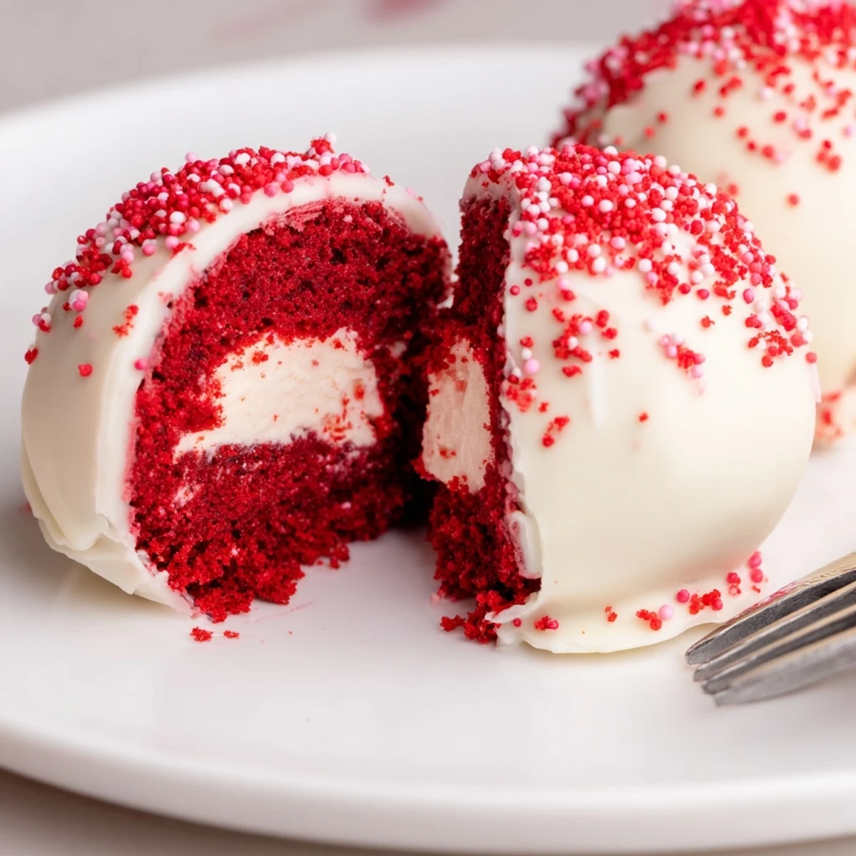Red Velvet Cheesecake Balls arranged on platter, sprinkled with cake crumbs