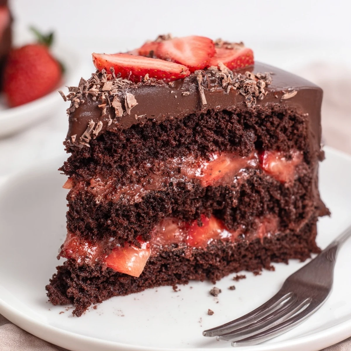 Slice of Strawberry Chocolate Cake with glossy ganache and ripe strawberry slices
