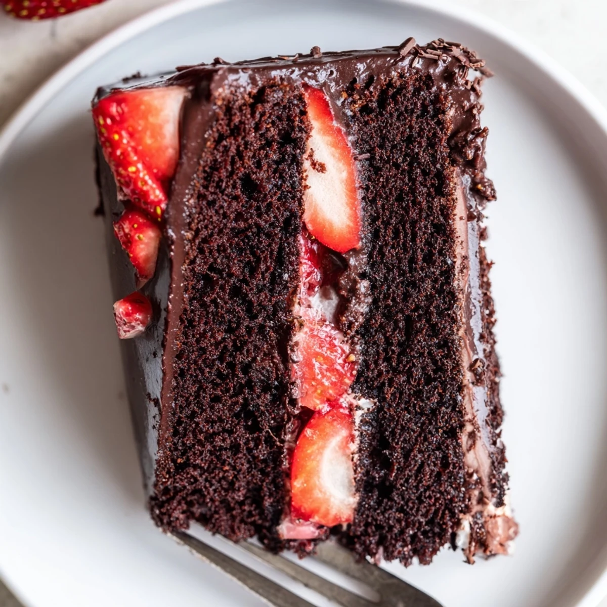 Fork beside chilled Strawberry Chocolate Cake, velvety ganache, bright lemon-tinged strawberries
