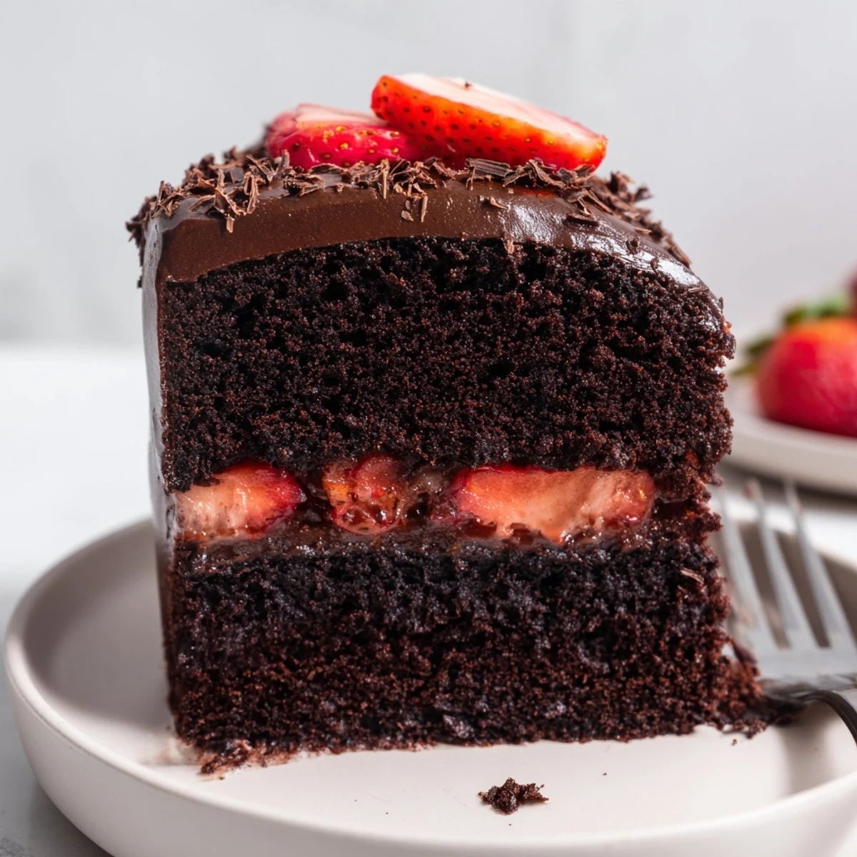 Strawberry Chocolate Cake on a cake stand, moist layers and chocolate shavings