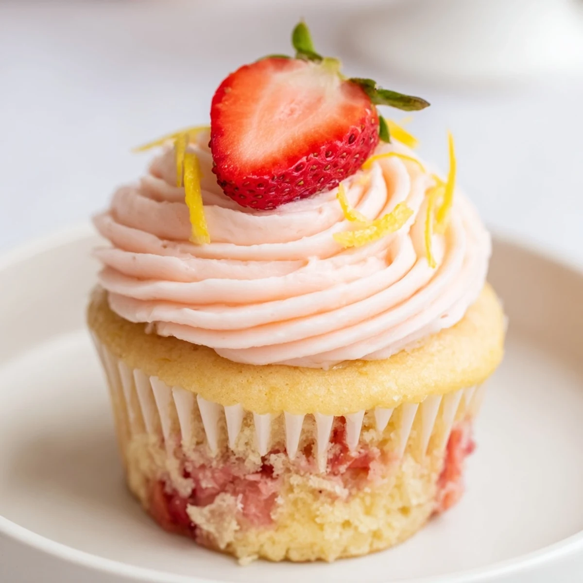 Strawberry Lemonade Cupcakes crowned with swirled pink buttercream and lemon zest  