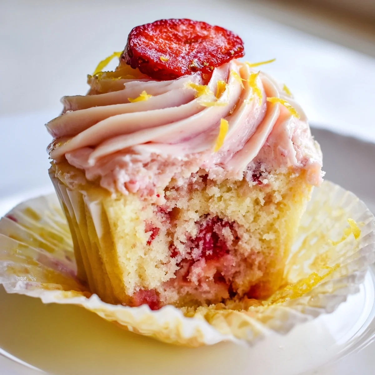 Fresh-baked Strawberry Lemonade Cupcakes with moist crumb, tangy frosting, summer picnic-ready  