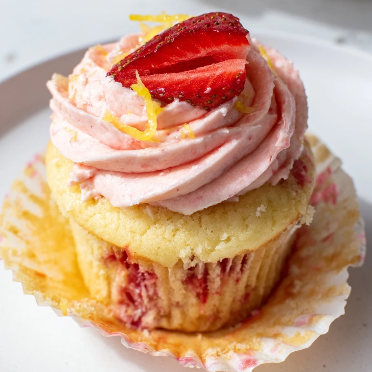 Plated Strawberry Lemonade Cupcakes topped with diced strawberries, bright citrus aroma
