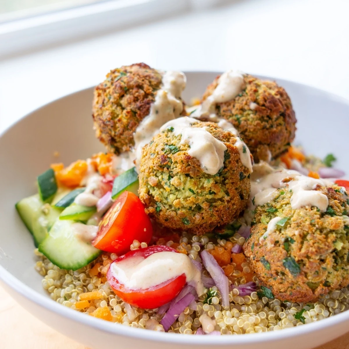 Crispy falafel grain bowl topped with fresh greens and creamy tahini dressing