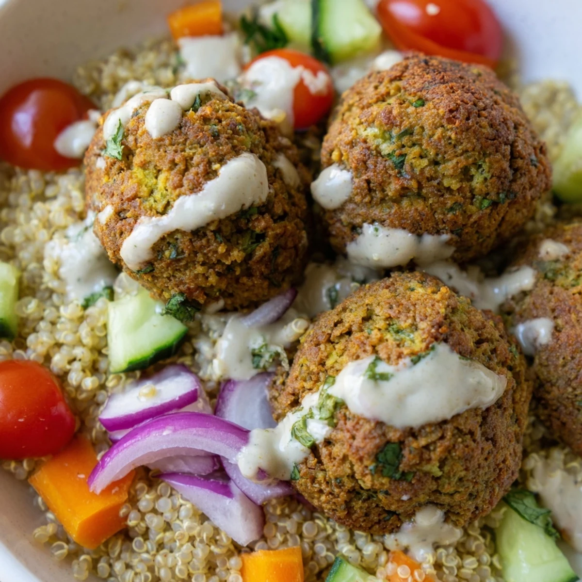 Golden pan-fried falafel grain bowl served over colorful roasted vegetables and quinoa