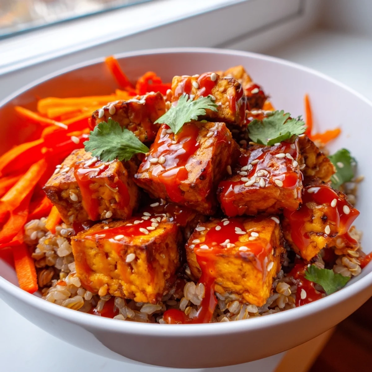 Crispy golden spicy tofu grain bowl topped with colorful vegetables and sesame seeds