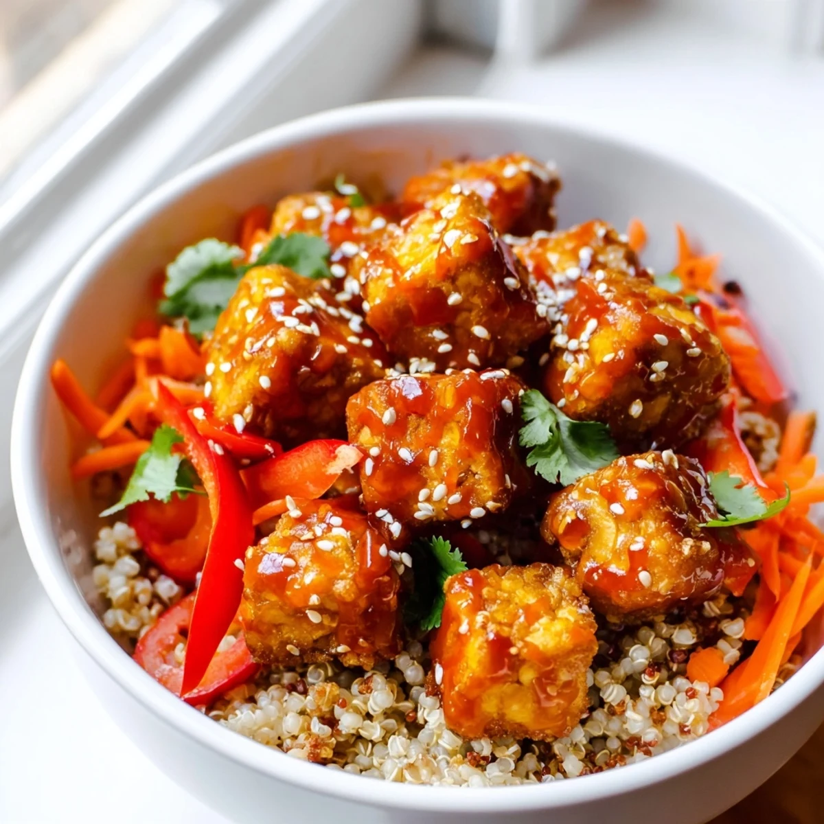 Spicy tofu grain bowl drizzled with zesty sauce over fresh crunchy vegetables
