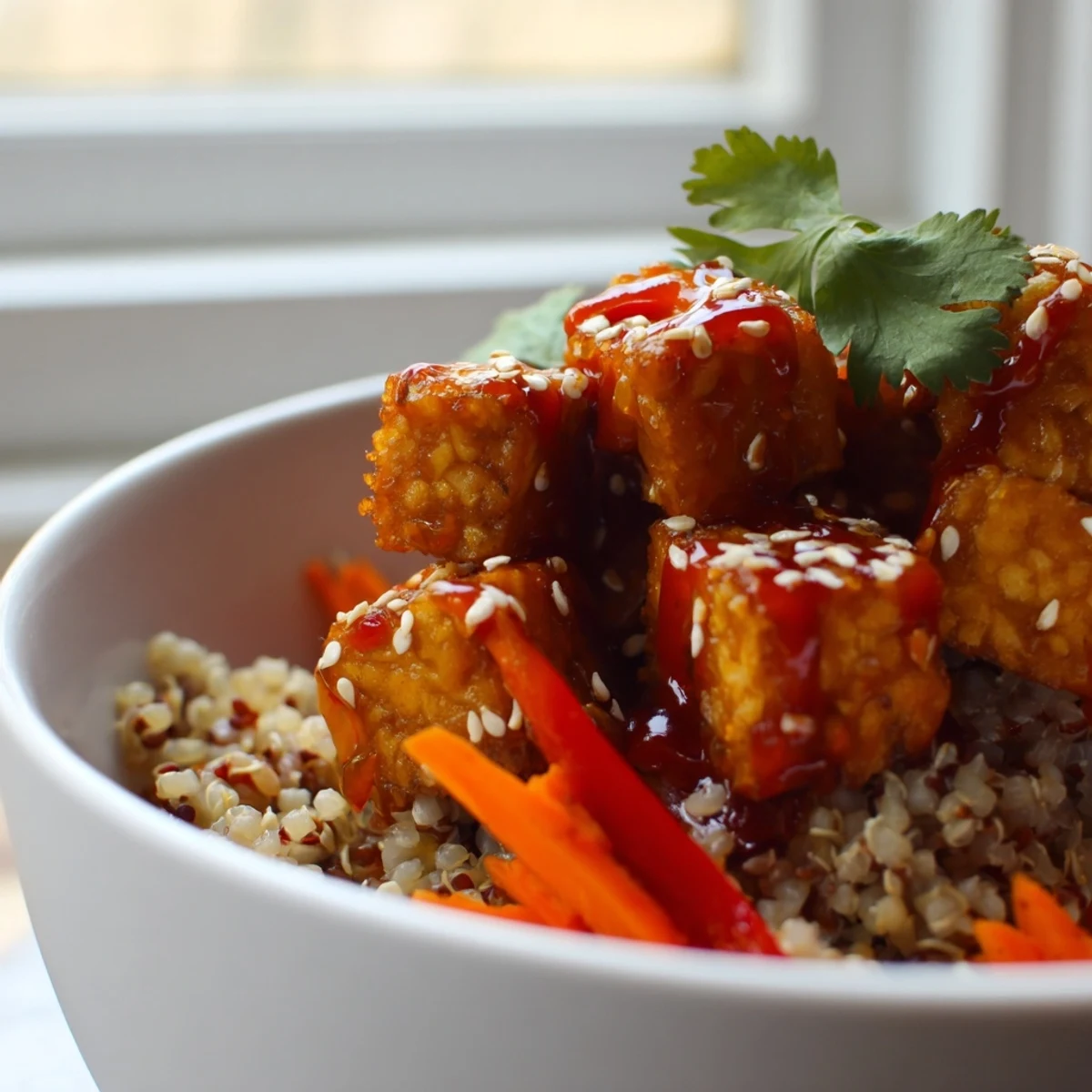 Vibrant spicy tofu grain bowl served on dark surface with lime wedges nearby