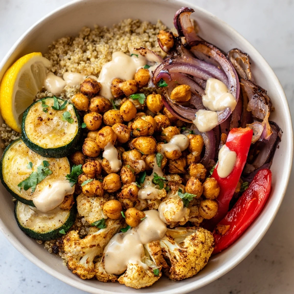 Roasted vegetables and crispy chickpeas layered over quinoa in a Moroccan chickpea bowl