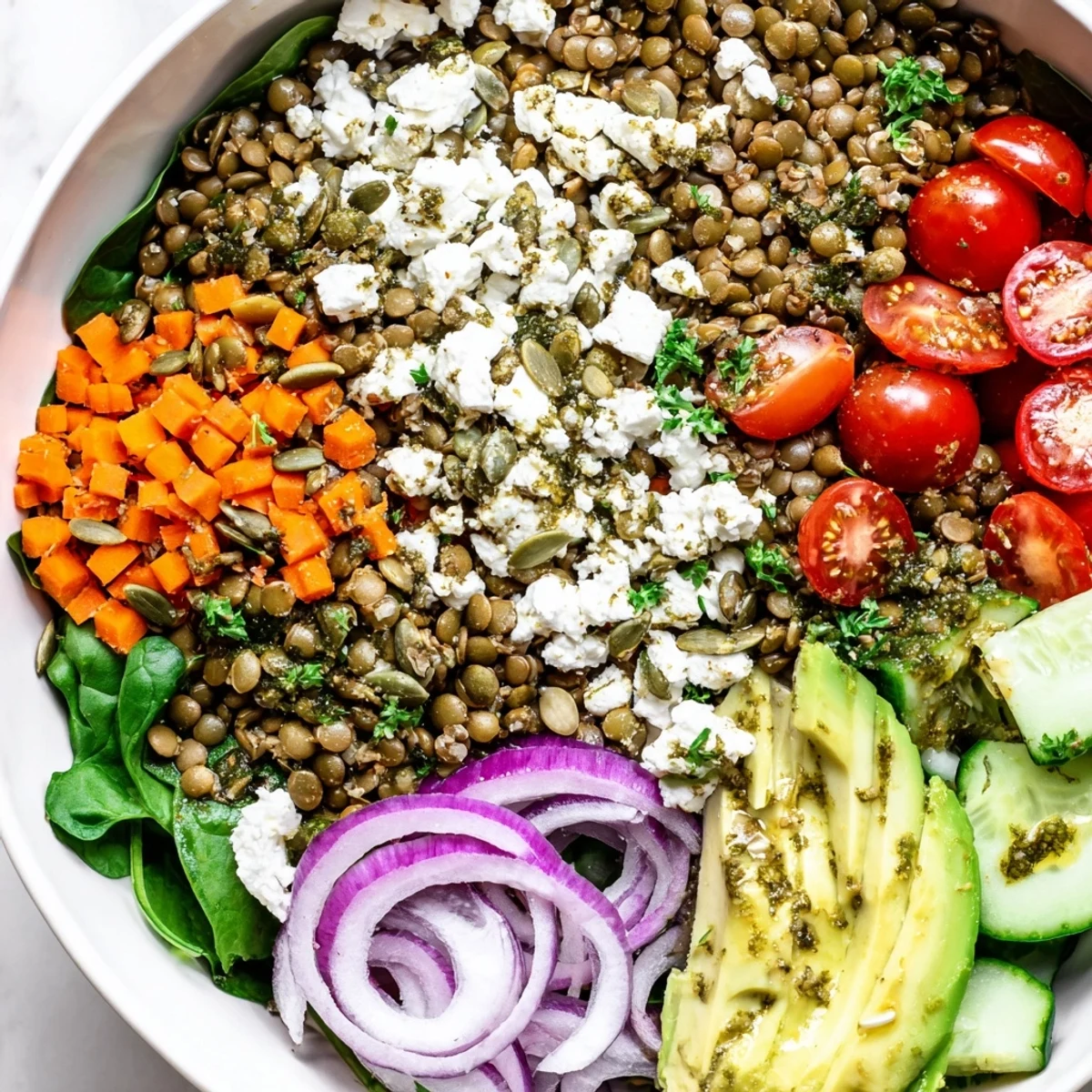 Hearty lentil grain bowl served in a rustic dish with toasted pumpkin seeds