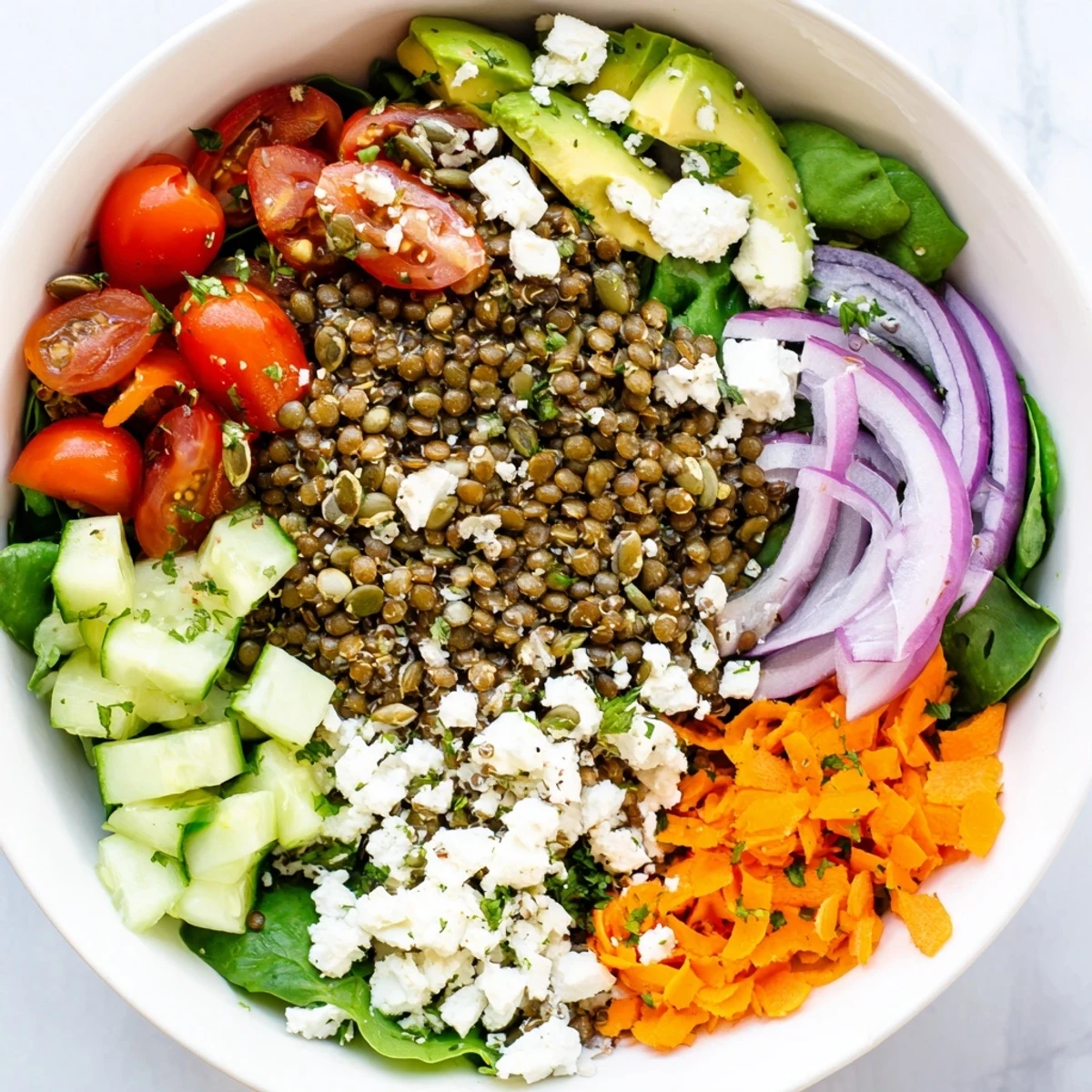 Vibrant lentil grain bowl drizzled with zesty lemon dressing over quinoa and fresh greens